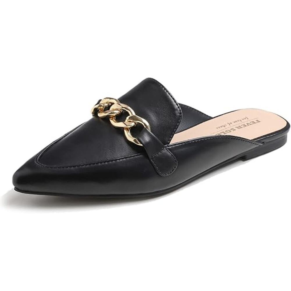 Black Leather Loafers with Gold Chain